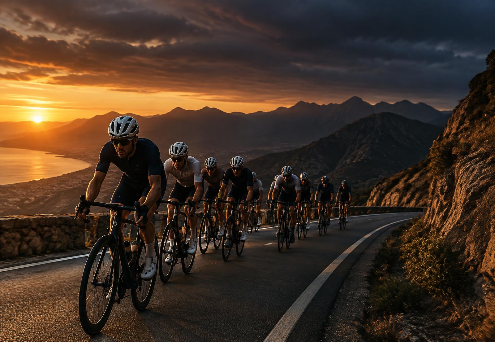 Apex Cycling riders on a mountain pass at sunrise